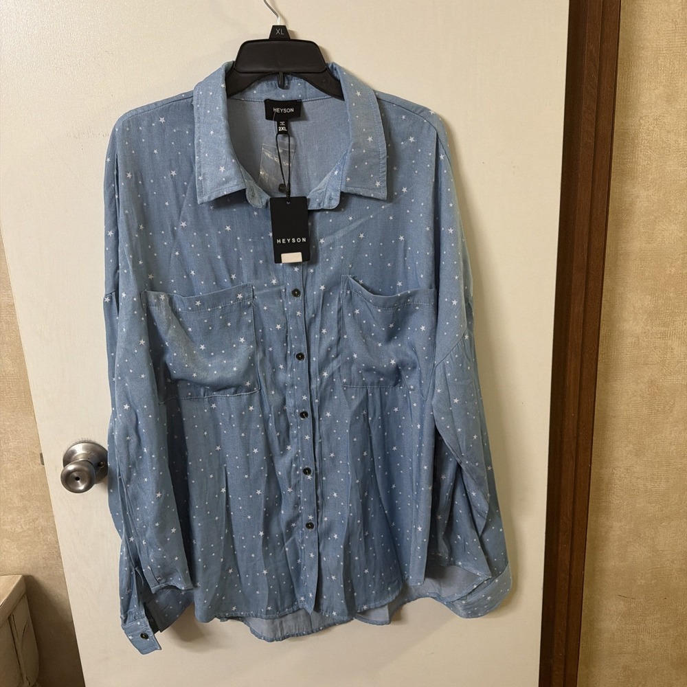 NWT Heyson Long Sleeve Button-Up Shirt Blue with Stars Women's Plus Size 2X